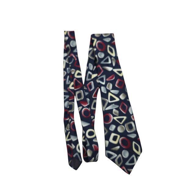 JS Blank & Co Geometric Print Navy Cream Burgundy Silk Mens Tie - Picture 2 of 4